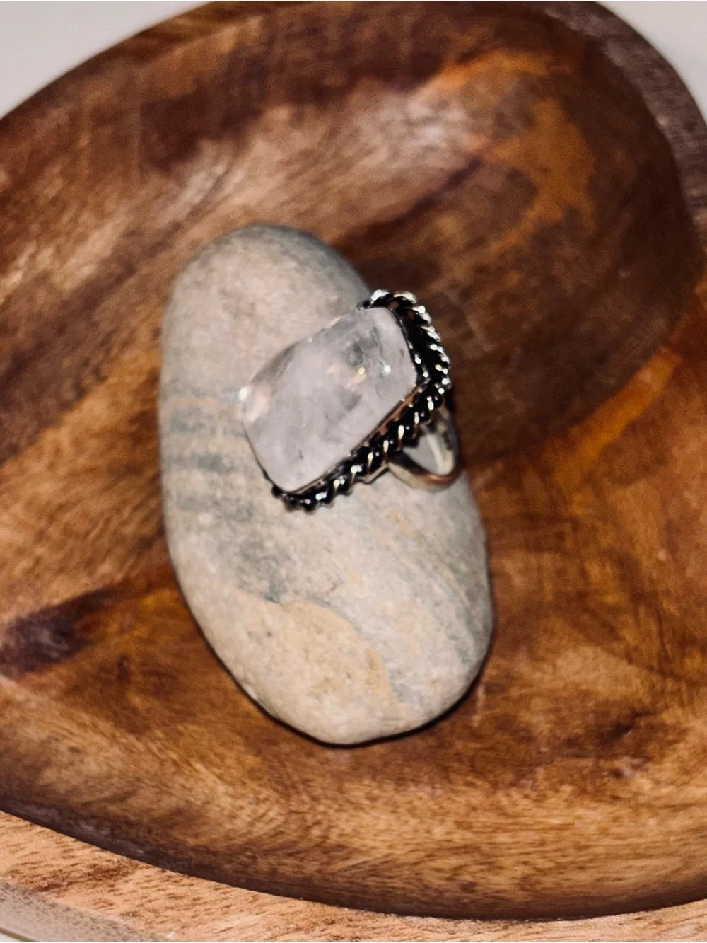 Celestial Veil Quartz Statement Ring Sterling Silver Plated Size 6